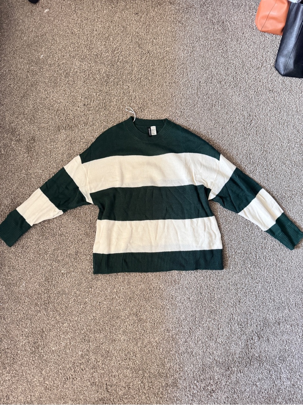 Green & Cream Striped Crewneck Sweater